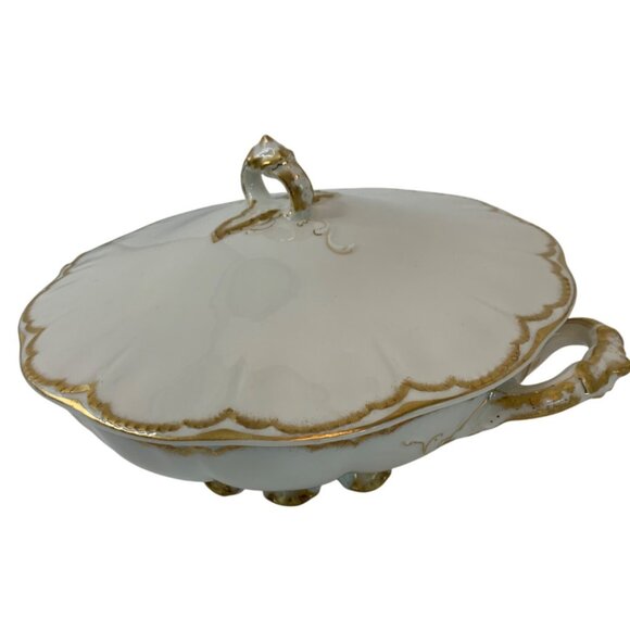 Antique Haviland France Limoges Covered Serving Dish With Gold Trim Chip H9078 - Picture 4 of 10